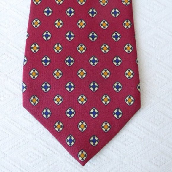 PAUL STUART red floral circle geometric SILK TIE gold blue